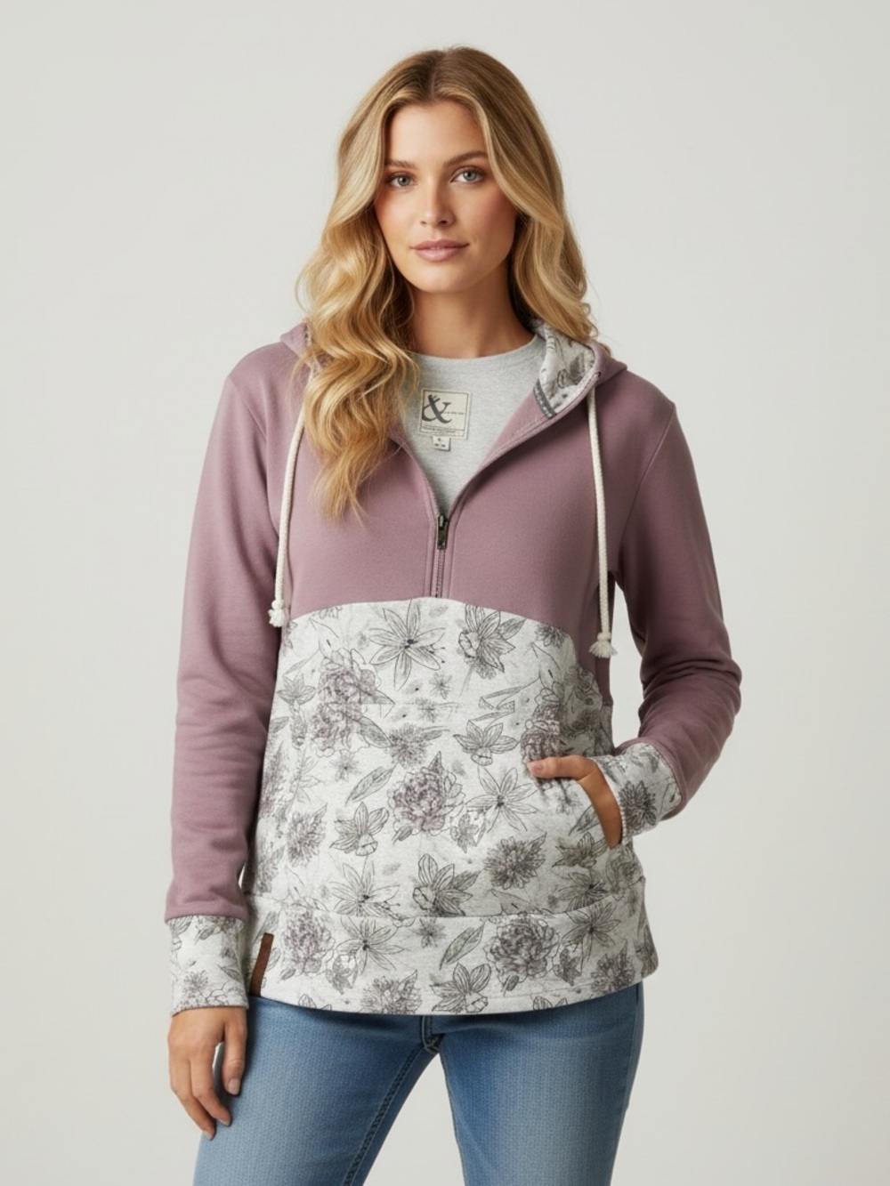 AMPERSAND AVE Cotton Mauve Half-Zip Hoodie with Floral Panel and Drawcord
